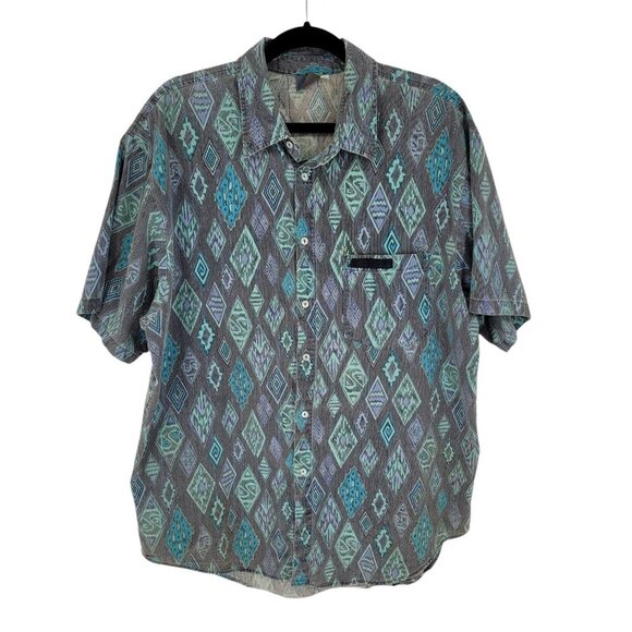Quiksilver mens Large blue Geometric button up short sleeve cotton shirt - Picture 1 of 9